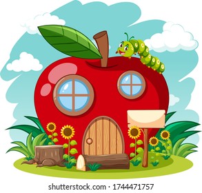 Red apple house and cute worm in the garden cartoon style on sky background illustration