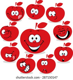 red apple icon cartoon with funny faces isolated on white
