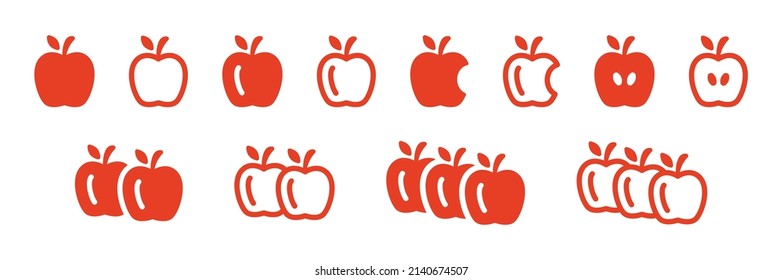 Colección de iconos de manzana roja. Ilustración del vector