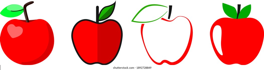 Icono de manzana roja. Diseño plano, conjunto de manzanas rojas con hoja verde, ilustración vectorial. Todos los objetos están aislados en un fondo blanco