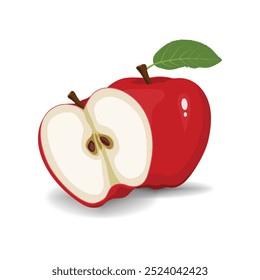 Ícone Red Apple. Fruta de maçã vermelha inteira com folhas verdes e ilustração do vetor meio. 