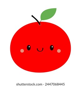 Red apple icon. Green leaf. Cute cartoon kawaii smiling baby character. Funny fruit face. Childish style. Educational card for kids. Flat design. White background. Isolated. Vector illustration