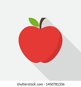 Red apple icon with long shadow on gray background, flat design style