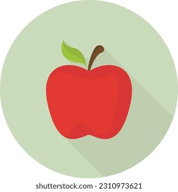 Red apple icon with long shadow on green background, flat design style