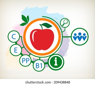 Red apple icon on abstract colorful watercolor background. Vitamin C and E.