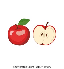 Red apple icons set. Whole fruits and halves with seeds and leaves. Food for healthy diet. Sweet snack. Vector flat illustration