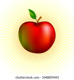 Red apple illustration. Centered sun rays effect on the background