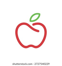 Ilustração de maçã vermelha com contornos em negrito de folha verde isolados no fundo branco design minimalista símbolo de fruta fresca cores vívidas conceito de alimentação saudável simplicidade estilo gráfico limpo moderno
