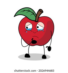 red apple illustration icon with crying expression, apple with hands and feet