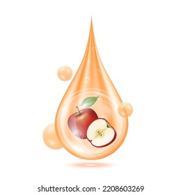 La Manzana Roja dentro del agua derrama gotas de naranja brillando con burbujas de oxígeno aisladas en fondo blanco. Colágeno vitamínico sérico utilizado para productos cosméticos para el cuidado de la piel. EPS10 vector 3d realista.
