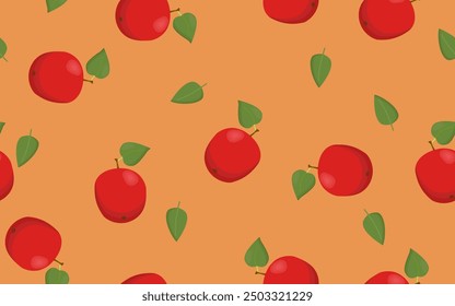 Manzana roja y aislado en un fondo de color naranja. Patrón sin fisuras. Manzanas rojas y hojas verdes. Fondo para textiles, papel, cubierta, platos, decoración de interiores.