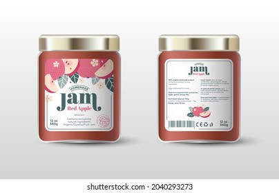 Red apple jam. Label for jar and packaging. Whole and cut fruits, leaves and flowers, text, stamp(sugar free).