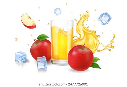 Red apple Juice Banner Template, Fresh yellow Juice splash, drinking glass and apple fruits. Beverage or cocktail advertising 3d vector illustration.