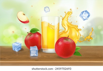 Red Apple juice glass on a wooden table.. Realistic splashing juice 3d on boho background vector illustration. Fruit beverage advertising