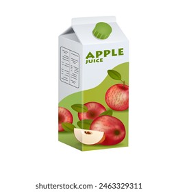 Red apple juice pack. Vector cardboard container for juicy drink. Organic fruit beverage branding carton package design. 