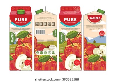 Red Apple Juice Pack. Vector Cardboard Container For Juicy Drink. Organic Fruit Beverage Branding Carton Package Design. Pure Apple Juice Pack Mockup Presentation. Front, Side, Back View Isolated Set
