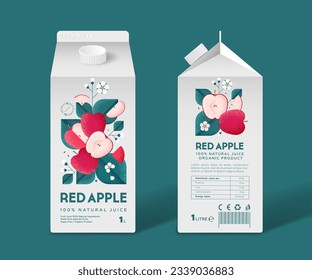 Red Apple Juice packaging. Apples with leaves and flowers. Grain and Noise Texture. Templates of Juice box.