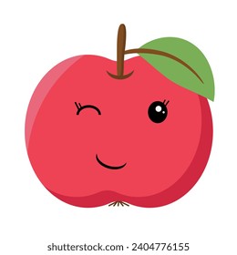 Red apple with kawaii eyes winks. Flat vector illustration of red apple
on a white background