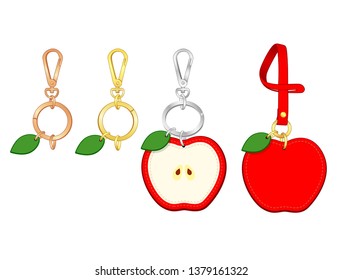 Red Apple key chains/ bag charms set, Apple tags with strap, vector illustration sketch template