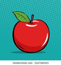 Red apple with leaf. Appetizing fruit for a healthy diet. Natural food. Vector illustration hand drawn. Pop art style