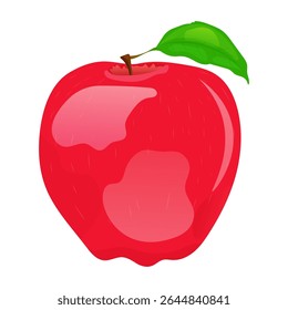 Maçã vermelha com folha. Maçã suculenta brilhante. Imagem vetorial da maçã. Fruta. Benefício, saúde, vegano