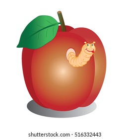 Red apple with leaf and caterpillar vector illustration isolated on a white background. Humor image for children with smiling character of caterpillar