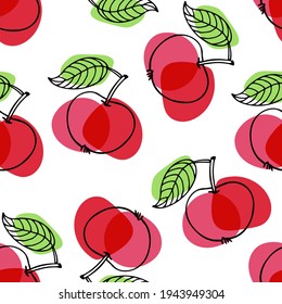 Red apple with leaf hand drawn sketch seamless pattern. Bright summer fruit. Outline vector illustration. Organic food eco template for menu, jam or juice label, textile, wallpaper. Apple on white