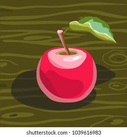Red apple with a leaf on a branch. Juicy fruit on a green wooden table. Isolated object for the menu of the restaurant and cafe. Vector illustration

