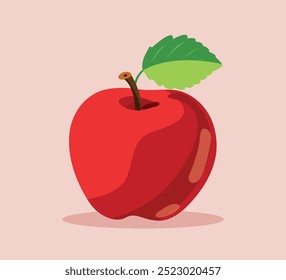 Manzana roja con la hoja en una Ilustración vectorial de fondo rosada en estilo plano