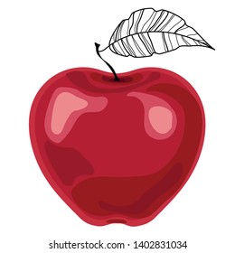 Red apple with leaf on a white background. Juicy and ripe apple. Vector illustration.