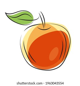 manzana roja con una hoja sobre un fondo blanco. Ilustración gráfica de dibujo de línea.