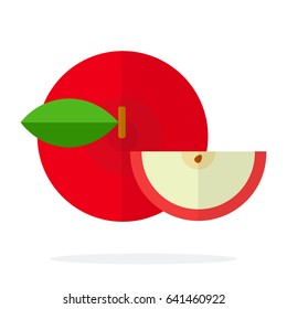 Red apple with a leaf and a piece of apple top view vector flat material design isolated on white