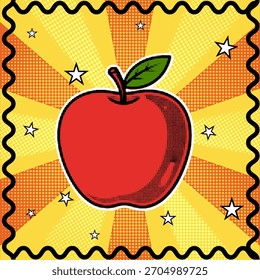 Una manzana roja con una hoja en un estilo de cómic de arte pop retro con un efecto de semitono sobre un fondo amarillo,