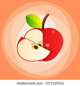 Red apple with a leaf top view. A red apple, a round apple slice with seeds and two wedges of a red apple vector flat material design isolated on white