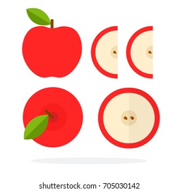 Red apple with a leaf top view. A red apple, a round apple slice with seeds and two wedges of a red apple vector flat material design isolated on white