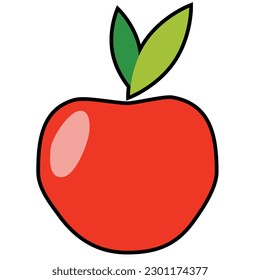 manzana roja con permiso en un sencillo estilo plano con contorno negro. Icono vectorial de la fruta, comida saludable