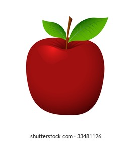 Red apple with leaves. Vector illustration.
