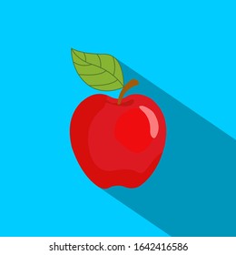 Red apple with a long shadow on a blue background. Vector illustration