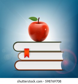 Red apple lying on a pile of books. Stock Vector illustration.