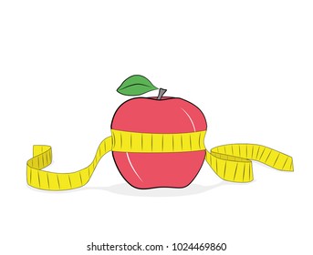 Red apple and measure tape. Illustration on white background. slimming concept. vector illustration.