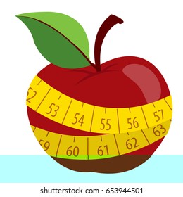 Red apple and measure tape. Vector illustration on white background