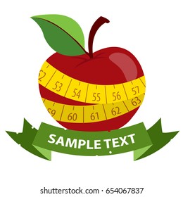 Red apple and measure tape. Vector illustration on white background with place for text