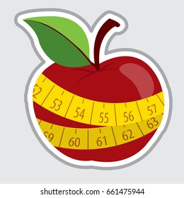 Red apple and measure tape. Vector illustration on grey background