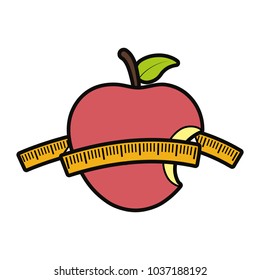 red apple with measuring tape icon over white background colorful design, fitness emblem vector illustration