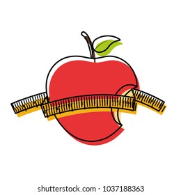 red apple with measuring tape icon over white background colorful design, fitness emblem vector illustration