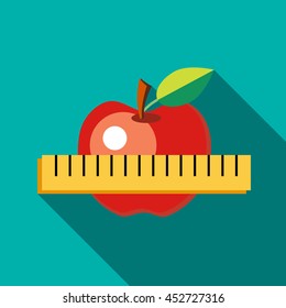 Red apple with measuring tape. The symbol of healthy nutrition icon in flat style with long shadow