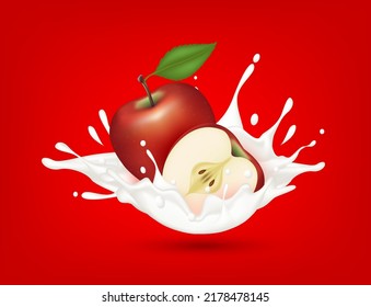 Red apple milk yogurt splashing isolated on red background. Health concept. Realistic 3d vector illustration. Can used for product design advertising beverage and food products.