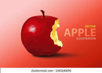 Red apple with missing a bite isolated on red background. Vector illustration.