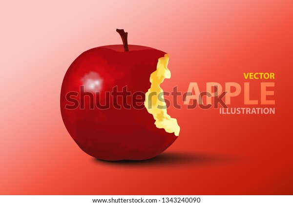 Red apple with missing a bite isolated on\
red background. Vector\
illustration.