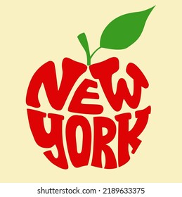 Red Apple New York Calligram. Typography Words New York on Form Silhouette. Art Print. Vector illustration. 